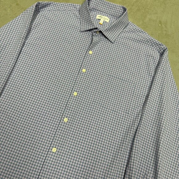 Peter Millar Summer Comfort Check Dress Shirt Button Up Blue Stretch XL - Picture 2 of 7